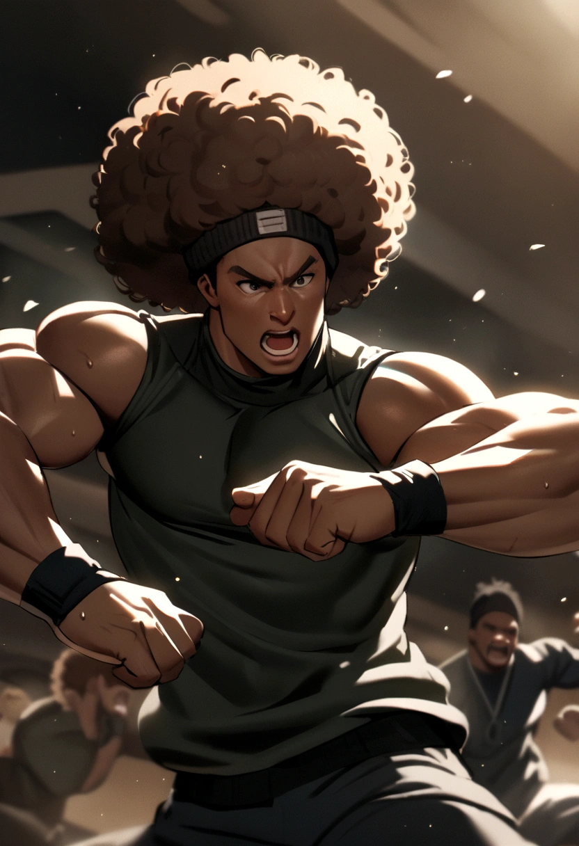 Fit guy with black beanie and medium long brown hair fighting a black man with afro hair