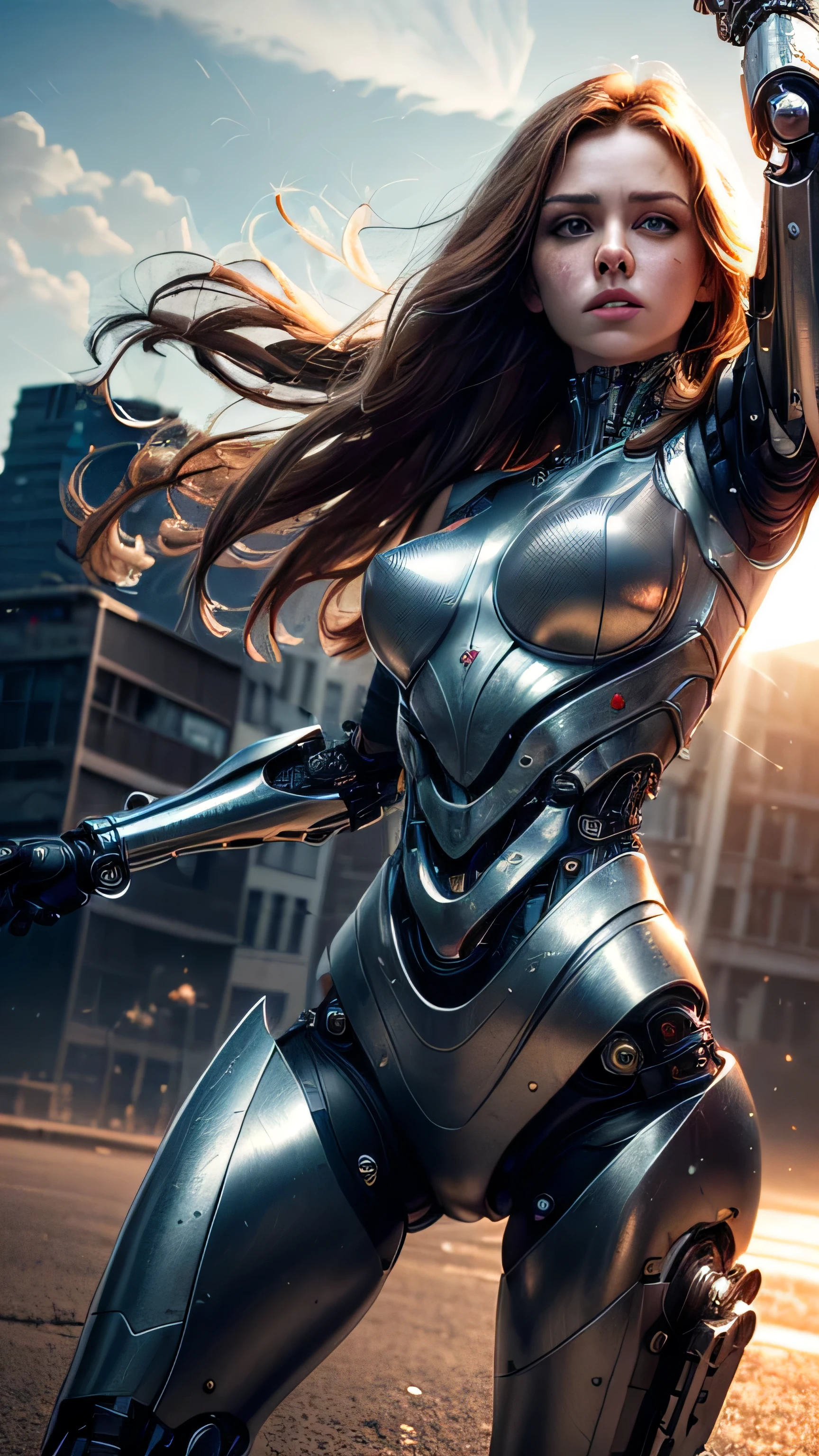 (masterpiece, photorealistic:1.4, extremely intricate:1.3), (photon mapping, radiosity, physically based rendering, ultra resolution, hyper-realistic, hyper-realistic, 8K, (dtx)), muscular girl, ((Sumptuous armor from the late Renaissance, black chrome perfectchainmail armor:0.8, ((mechanical limbs, cybernetic arms, futuristic cyborg, ((weapon)))), intense, [skin detail:freckles:0.8])), metal reflections, outdoors, sunset, background futuristic battlefield, far away city destruction, god rays blasting a crater, professional photograph, (long straight ginger hair, wind, windy, running dynamic movement pose, arm raised), sharp focus, dramatic, award winning, (film grain, bokeh, interaction)