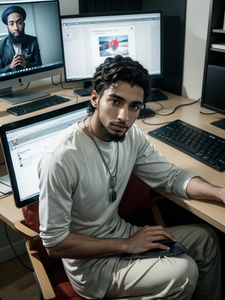 there is a man sitting in a chair with a tablet, mkbhd, com um laptop no colo, Riyad Cassim, sitting at a computer, sitting in front of the computer, masterpiece of art, nipsey hustle, in front of a computer, taken at the beginning of 2020, looking at his phone
