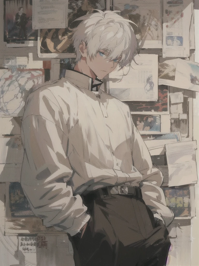 anime character with white hair and black pants standing in front of a wall of papers, handsome anime pose, male anime character, artwork in the style of guweiz, young anime man, tall anime guy with blue eyes, ken kaneki, anime full body illustration, white haired, detailed anime character art, pixiv daily ranking, anime aesthetic, kaneki ken, strong outline