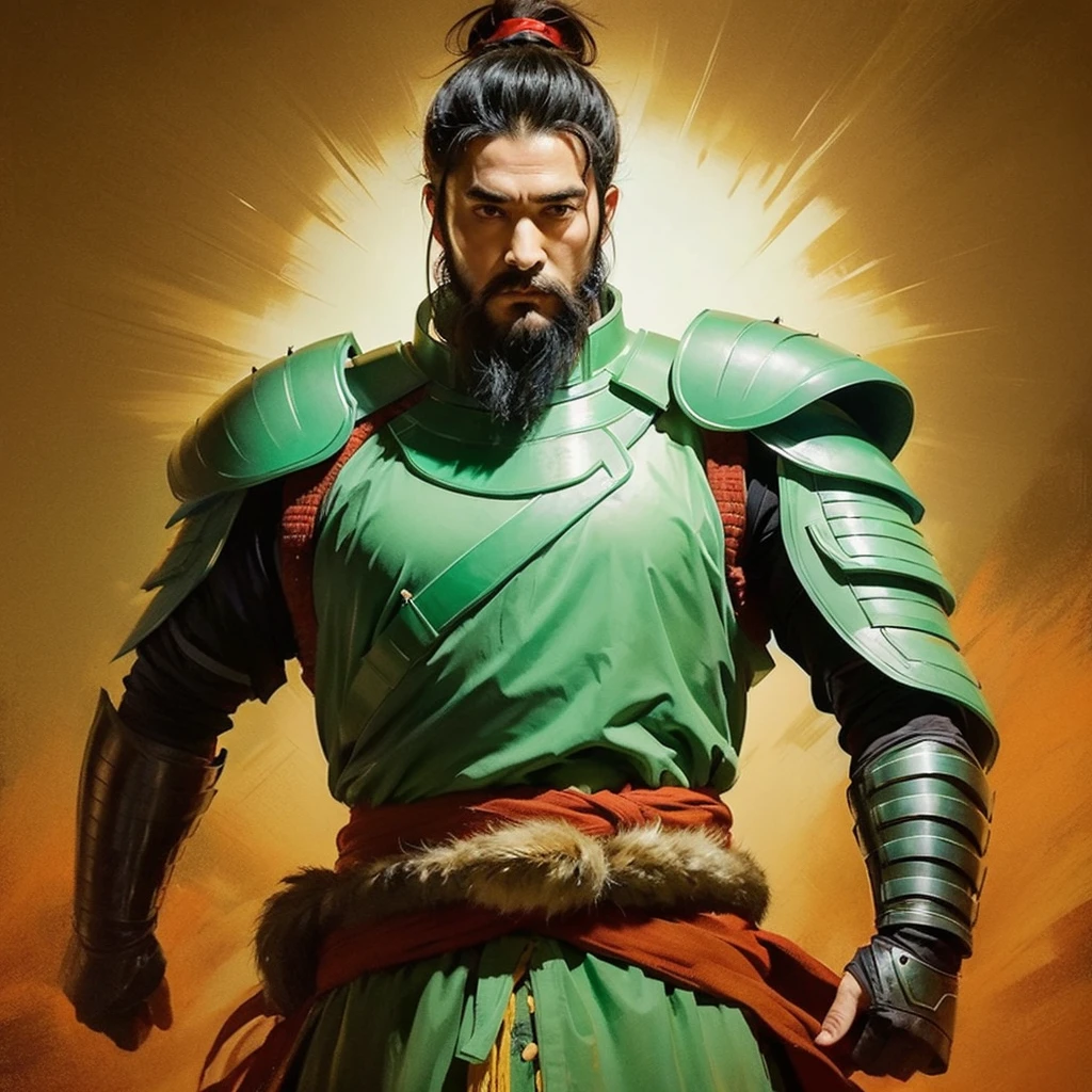 A full-length portrait of Liu Bei of ancient China. His appearance is soft but charismatic, with a short beard on the tip of his chin. A topknot unique to ancient China and a light green wooden armor.