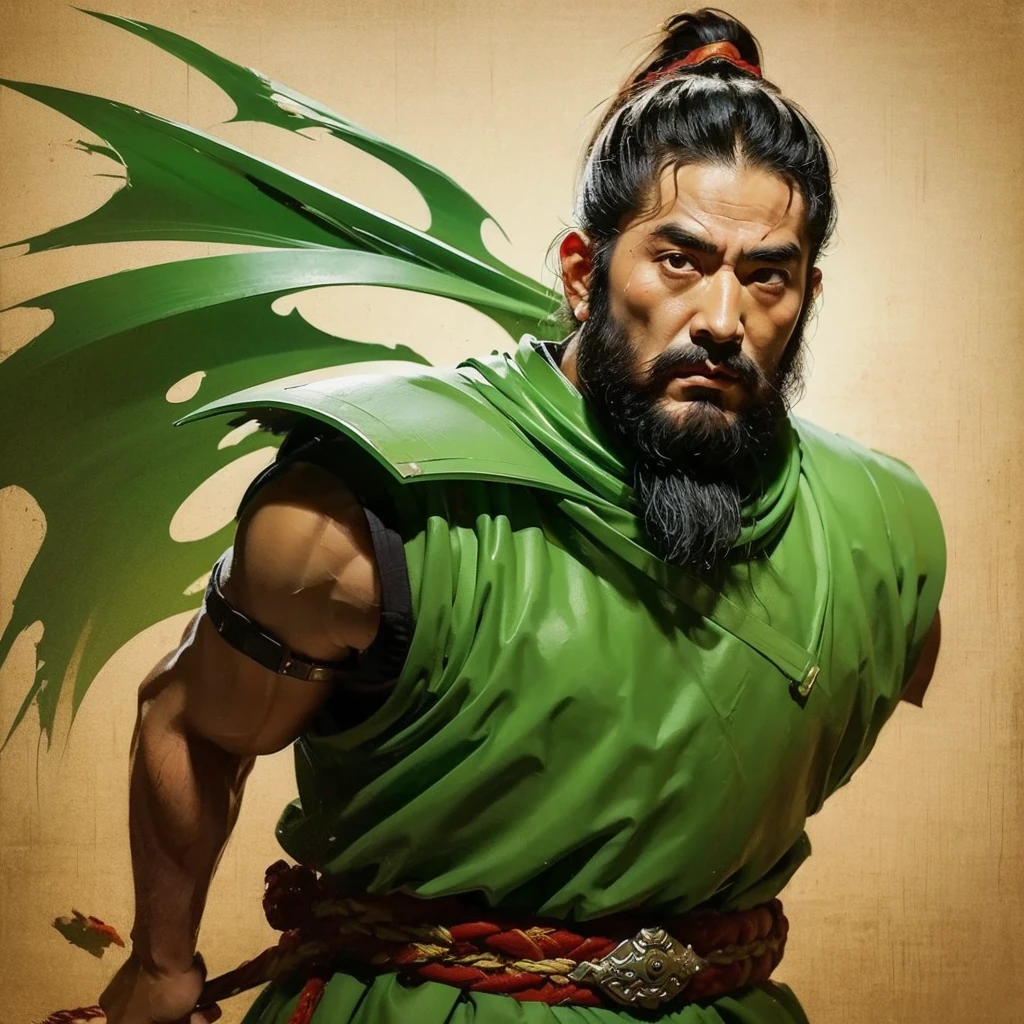 A full-length portrait of Liu Bei of ancient China. His appearance is soft but charismatic, with a short beard on the tip of his chin. A topknot unique to ancient China and a light green wooden armor.