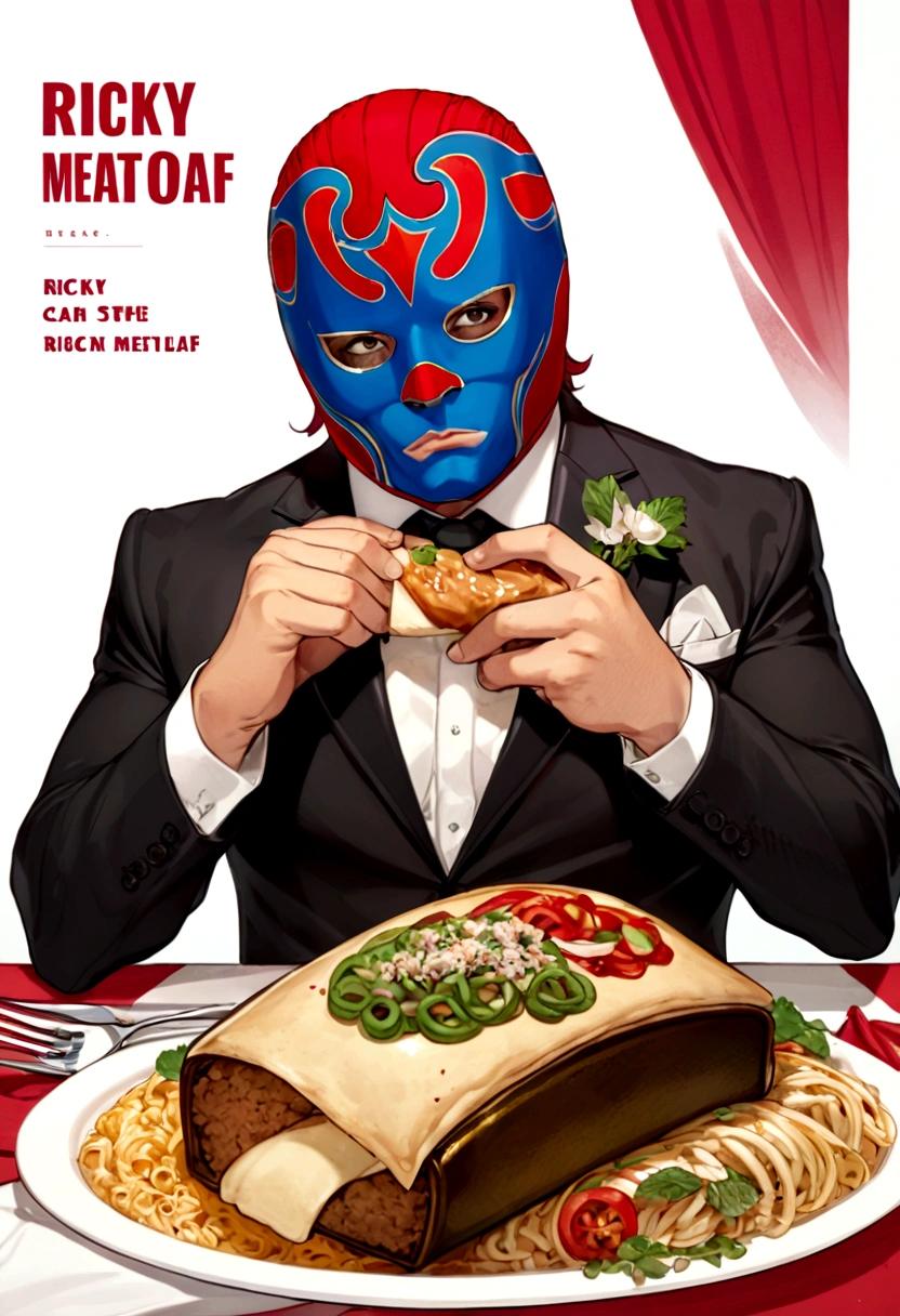 Lucha libre masked man, buff, wearing a suit and enjoys a nice meal. Album cover called "Ricky Meatloaf"