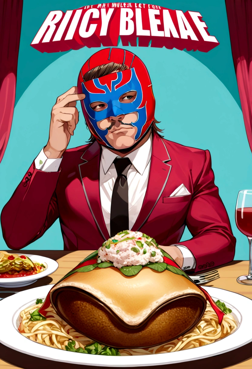 Lucha libre masked man, buff, wearing a suit and enjoys a nice meal. Album cover called "Ricky Meatloaf"