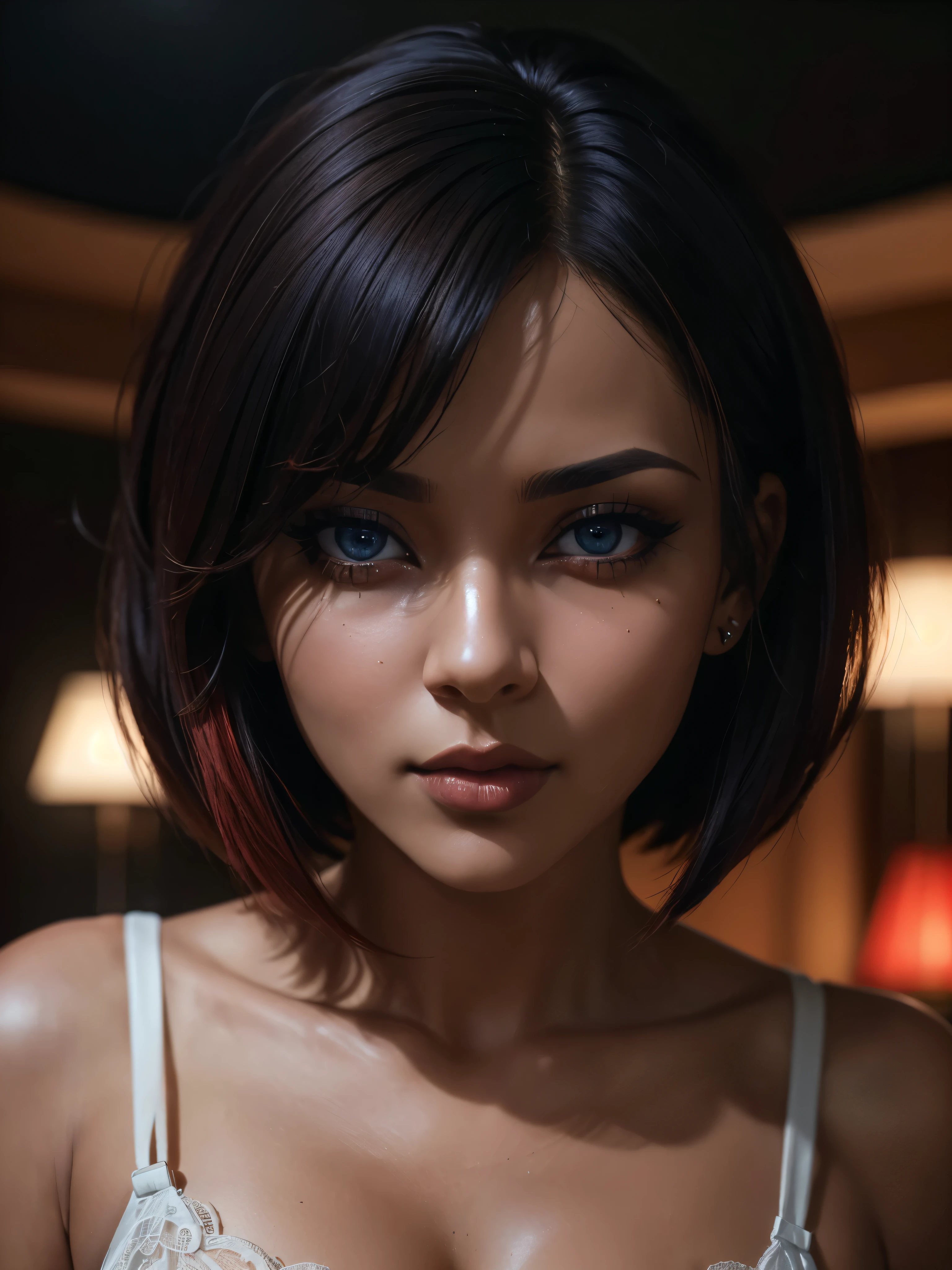 a beautiful woman with dark skin, red bob haircut, expressive blue eyes, wearing white lace lingerie, in a bedroom setting with a sexy, erotic atmosphere, (best quality,4k,8k,highres,masterpiece:1.2),ultra-detailed,(realistic,photorealistic,photo-realistic:1.37),portrait,chiaroscuro lighting,dramatic lighting,cinematic,dramatic colors,rich colors,glowing skin,detailed facial features,sensual,alluring, intricate details,dramatic lighting,cinematic composition,sensual,captivating expression,alluring. HDMI, HDRI, UDHD,((Diffuse effect)), ((volume effect 1.1)), ((Depth of field 1.1)), ((fisheye lens)