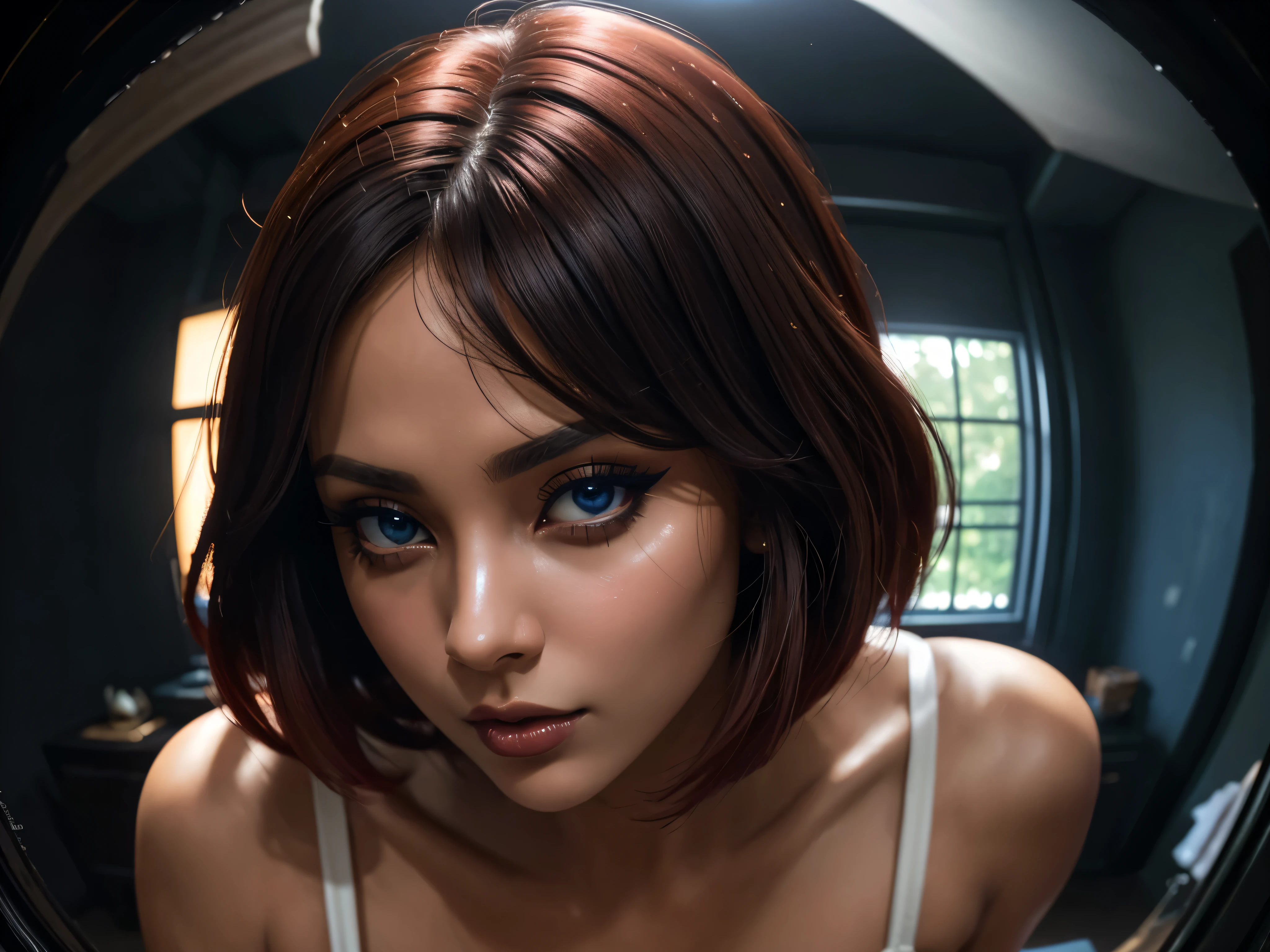 a beautiful woman with dark skin, red bob haircut, expressive blue eyes, wearing white lace lingerie, in a bedroom setting with a sexy, erotic atmosphere, (best quality,4k,8k,highres,masterpiece:1.2),ultra-detailed,(realistic,photorealistic,photo-realistic:1.37),portrait,chiaroscuro lighting,dramatic lighting,cinematic,dramatic colors,rich colors,glowing skin,detailed facial features,sensual,alluring, intricate details,dramatic lighting,cinematic composition,sensual,captivating expression,alluring. HDMI, HDRI, UDHD,((Diffuse effect)), ((volume effect 1.1)), ((Depth of field 1.1)), ((fisheye lens)