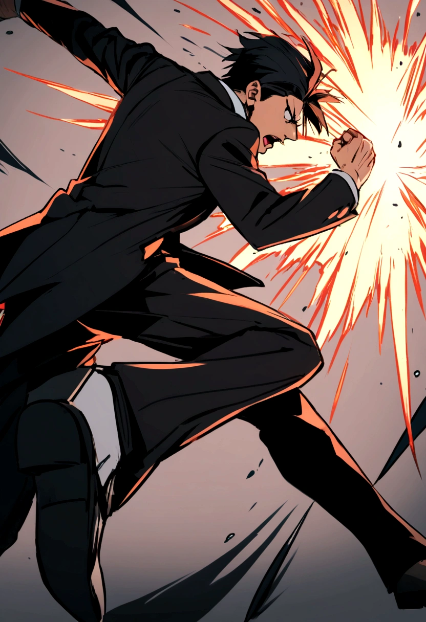 boy with long black hair and black suit in a fight