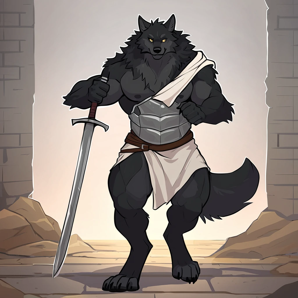 canid, canine, canis, mammal, mythological_canine, mythological_creature, were, werecanid, werecanine, werewolf, wolf, mythology, questionable, anthro, biped, black_body, black_fur, black_nose, male, fingers, fluffy, fluffy_tail, fur, looking_foward, looking_at_viewer, muscular, muscular_anthro, muscular_male, knight, wielding_sword, metal_armor, raising_sword, smile, solo, standing, tail, towel, tuft, 2020, digital_media_(artwork), hi_res, masterpiece
