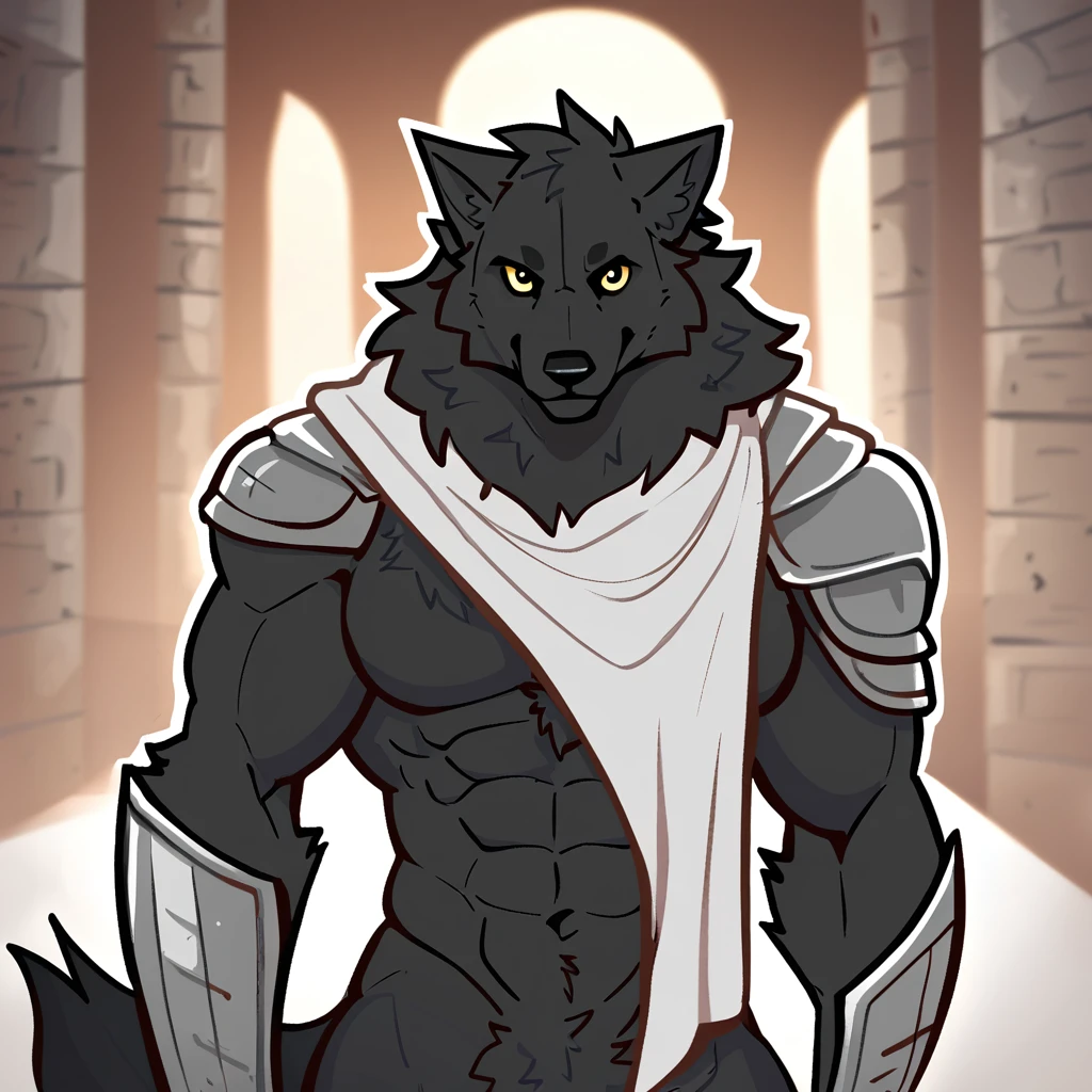 canid, canine, canis, mammal, mythological_canine, mythological_creature, were, werecanid, werecanine, werewolf, wolf, mythology, questionable, anthro, biped, black_body, black_fur, black_nose, male, fingers, fluffy, fluffy_tail, fur, looking_foward, looking_at_viewer, muscular, muscular_anthro, muscular_male, knight, wielding_sword, metal_armor, raising_sword, smile, solo, standing, tail, towel, tuft, 2020, digital_media_(artwork), hi_res, masterpiece