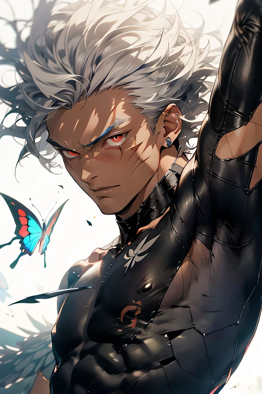 1 teenager, single boy, man, spiky hair, spiky hair, white hair, albino, red locks, red lock on one side of the face, tanned skin, red eyes, scars on the left eye, scars on the body, suit leather, butterfly wings, wings of fire, muscular body, athletic body, manly, fantasy (artwork) (high quality) (fairy)