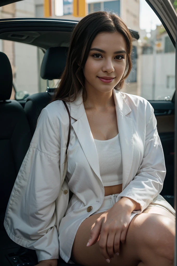 stunning young Colombian woman, in car, sitting, wearing white coat, beautiful face, masterpiece, best quality, ultra detailed, selfie, smiling, arms crossed, solo, shadows, contrast, cinematic light, side lighting, ultra high resolution, best shadow, RAW, 4k, 85mm, shallow field, Kodak Vision Color, extremely detailed, Cinemato grapher_\(ultra\), photorealistic, Realstic, Postproceso, Maximum details, view, real life, ultra realistic, for torrealism, Cinematographer, 8k UHD, Cinematographer