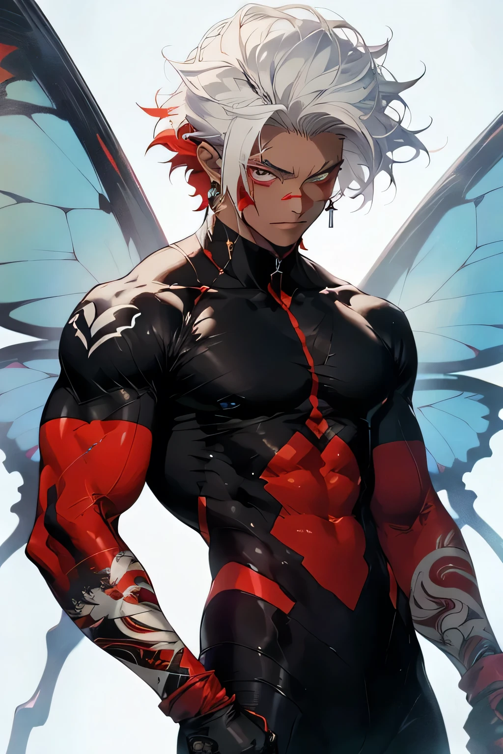 1 teenager, single boy, man, spiky hair, spiky hair, white hair, albino, red locks, red lock on one side of the face, tanned skin, red eyes, scars on the left eye, scars on the body, suit leather, butterfly wings, wings of fire, muscular body, athletic body, manly, fantasy (artwork) (high quality) (fairy)