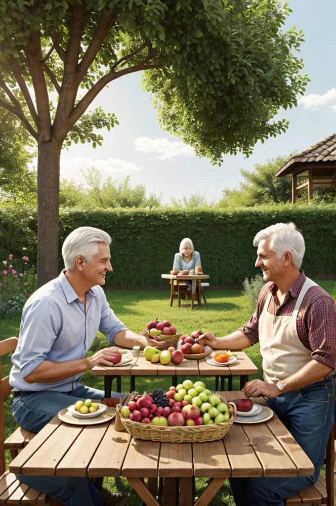 A textured image on the canvas: a white-haired person with black hair and fine, defined features grabbing an apple from a beautiful tall tree, On the right side of the image a wooden table with chairs attached to it with a basket of fruits in the middle and two people sitting at each end of the table, with more healthy food on the table, background and garden with fruits and vegetables. The weather is warm. The colors of the drawing are strong combined with neutral colors