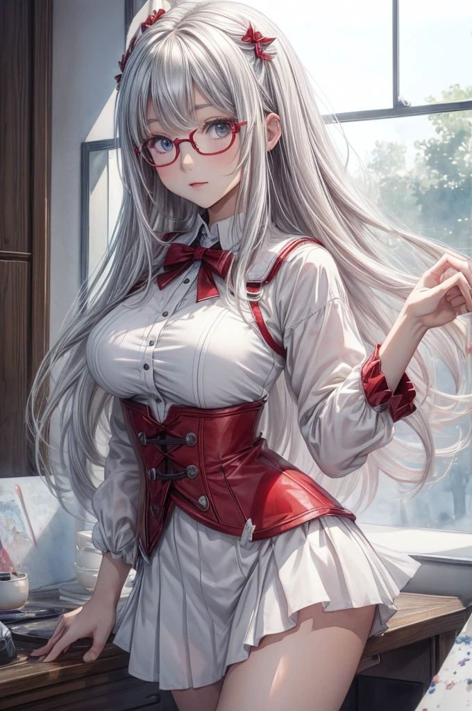 ((Sketch)), ((Watercolor)),((best quality)) ((best quality)), ((masterpiece)), (detailed), HD, Highly Detailed, 4k image, anime style, beautiful young age girl, 13 ynned white skin, long waist length hair(red-white hair)(white highlights), soft facial features, heterochromatic eyes(left eye: silver)(right eye: red), elegant battle-styled sundress, cherry red plump lips, large E-cup breasts, short height(150cm). wide hips and large round ass, silver round-frame glasses