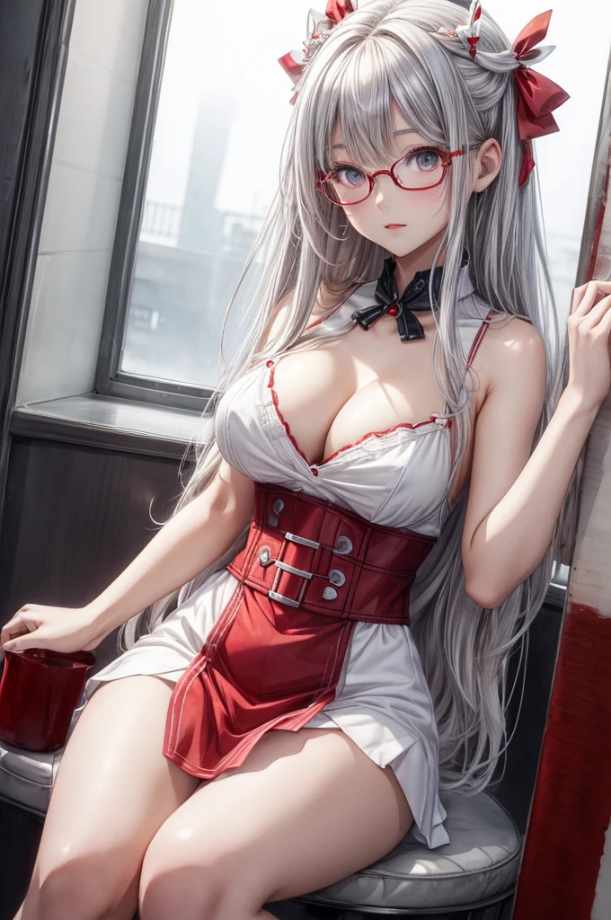 ((Sketch)), ((Watercolor)),((best quality)) ((best quality)), ((masterpiece)), (detailed), HD, Highly Detailed, 4k image, anime style, beautiful young age girl, 13 ynned white skin, long waist length hair(red-white hair)(white highlights), soft facial features, heterochromatic eyes(left eye: silver)(right eye: red), elegant battle-styled sundress, cherry red plump lips, large E-cup breasts, short height(150cm). wide hips and large round ass, silver round-frame glasses