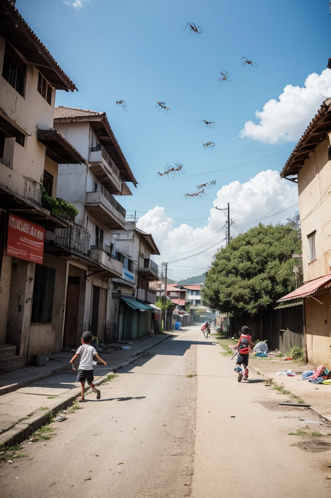 Image that has dengue mosquitoes flying in the air and with trash on the ground and with a landscape and children playing 
