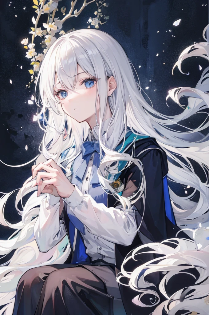 (masterpiece, highest quality:1.2), highest quality, masterpiece, high resolution, Anime style, portraiture, male, man, long hair, Silver hair, platinum blond hair, uniform for men, oversized coat, disproportionate cloak, Feminine appearance, dark blue eyes, magic, magician, rests his cheek on desk, boredom, inattention, lessons, sitting down, looking out, 1boy, solo
