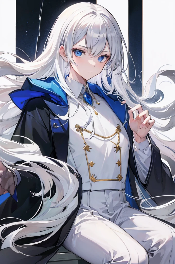 (masterpiece, highest quality:1.2), highest quality, masterpiece, high resolution, Anime style, portraiture, male, man, long hair, Silver hair, platinum blond hair, uniform for men, oversized coat, disproportionate cloak, Feminine appearance, dark blue eyes, magic, magician, rests his cheek on desk, boredom, inattention, lessons, sitting down, looking out, 1boy, solo