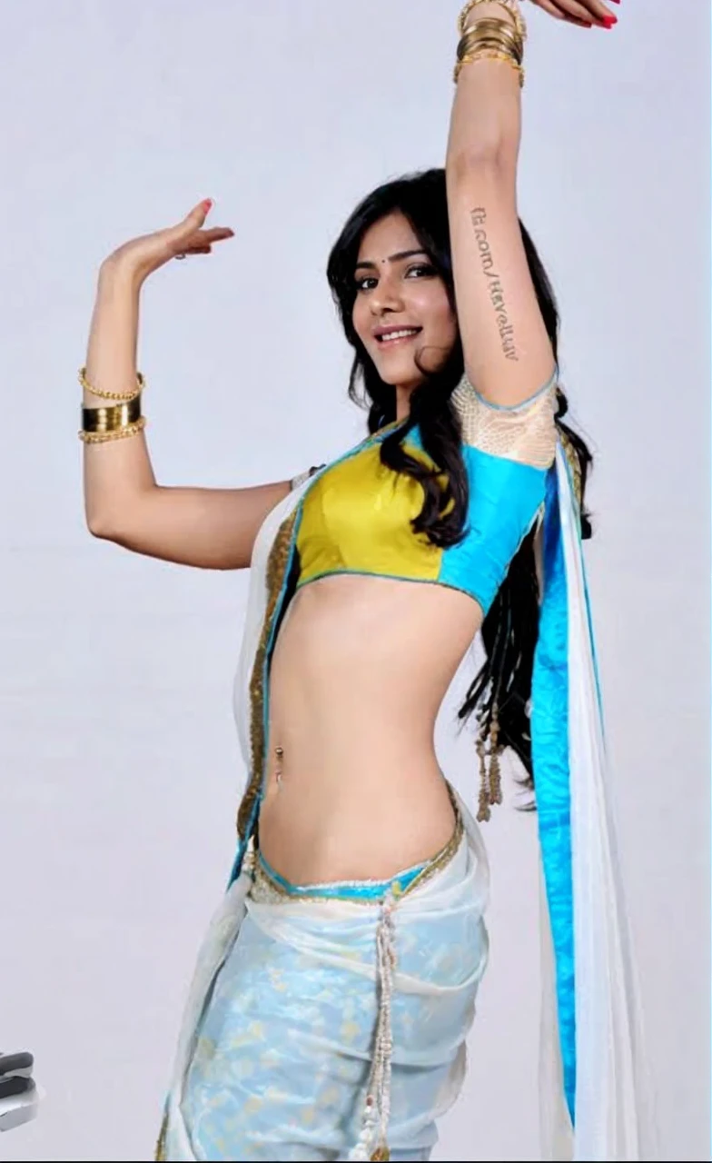 A beautiful gorgeous cute white airhostess wearing an ultra low rise saree as airline uniform and standing inside a plane putting the luggage up in the cabin, her saree is dark blue, the angle shows everything and is far, Ultra realistic, natural, UHD, detailed, accurate, photorealistic, 8K resolution