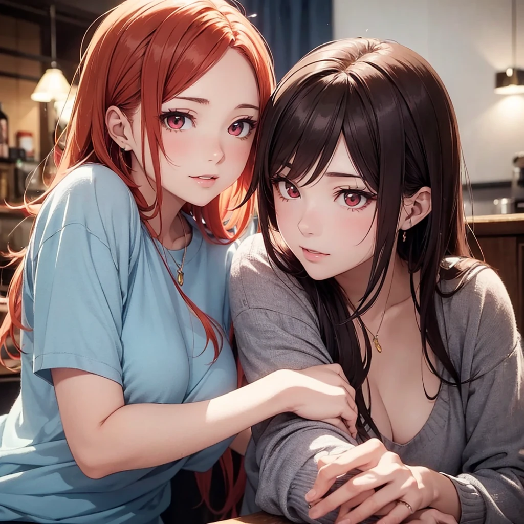 Two beautiful young women, Anime Style, Detailed face, Redhead, Red eyes, Delicate features, Soft lighting, Casual clothing, Embrace each other, Intimate pose, One touches the other'Gently wash your face, Sit on a cozy sofa, Warm and cozy living room, Relaxed affection, Dynamic pose, Japanese Anime Style, high quality, Very detailed, 8K resolution, Cinema Lighting, 最high quality, Vibrant colors, Instagrammable, beautiful, tendency、Half naked、sexy、Erotic