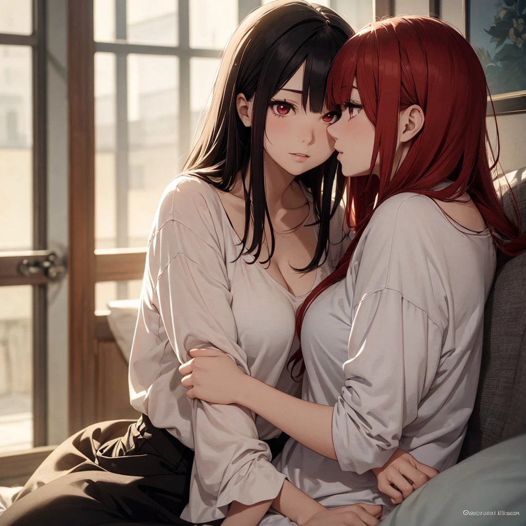 Two beautiful young women, Anime Style, Detailed face, Redhead, Red eyes, Delicate features, Soft lighting, Casual clothing, Embrace each other, Intimate pose, One touches the other&#39;Gently wash your face, Sit on a cozy sofa, Warm and cozy living room, Relaxed affection, Dynamic pose, Japanese Anime Style, high quality, Very detailed, 8K resolution, Cinema Lighting, 最high quality, Vibrant colors, Instagrammable, beautiful, tendency