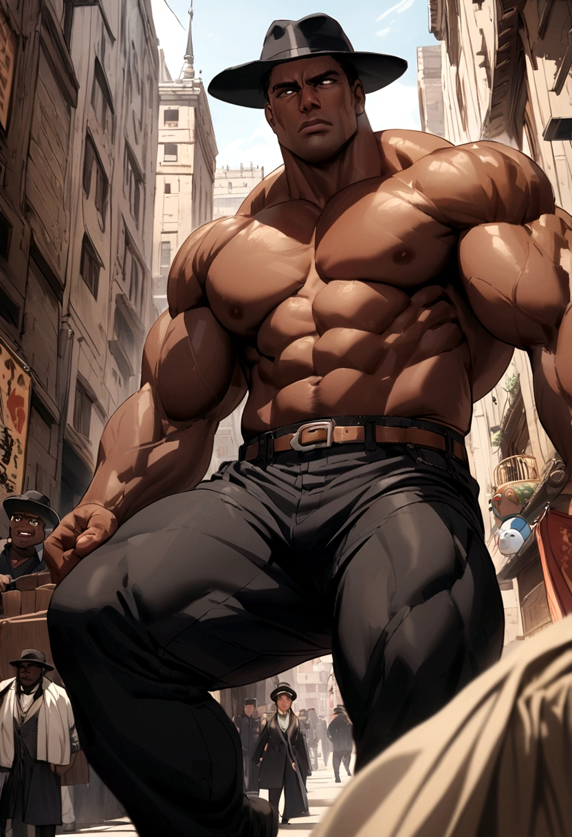 Muscular guy with black hat and long brown hair faces a black man