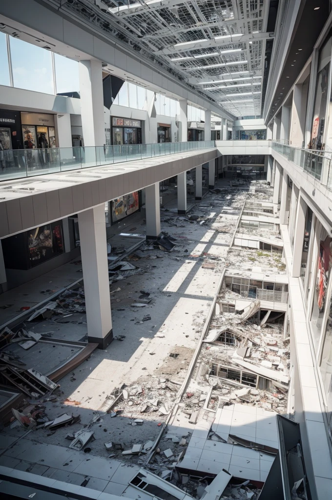 A mall nowdays of the color grey, completely destroyed in pieces in the afternoon...