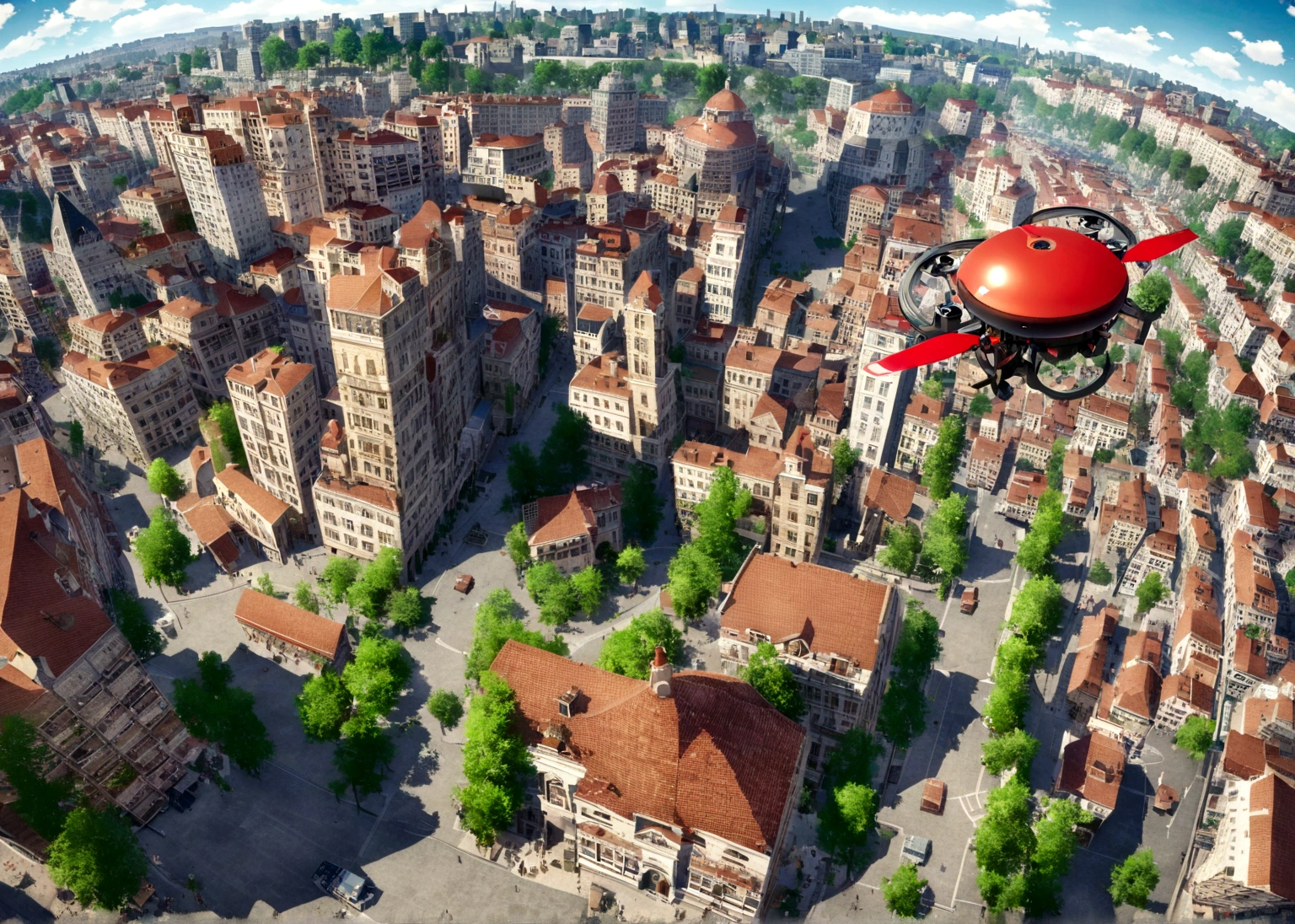 arafed red airplane flying over a city with buildings and trees, hovering drone, looming drone, Buildings are flying, video game still, aerial shooting, drone perspective, floating over a city sidewalk, flying bricks, hovering in air, hovering above a dense city, drone, drone point of view, detailed photo of virtual world, flying over a city, Aerial view