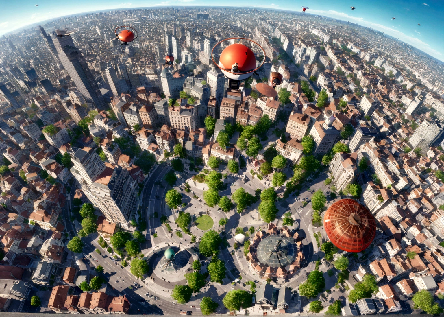 arafed red airplane flying over a city with buildings and trees, hovering drone, looming drone, Buildings are flying, video game still, aerial shooting, drone perspective, floating over a city sidewalk, flying bricks, hovering in air, hovering above a dense city, drone, drone point of view, detailed photo of virtual world, flying over a city, Aerial view