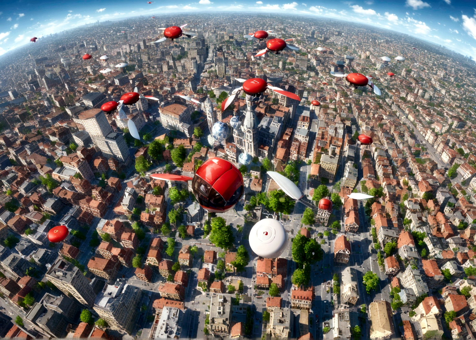 arafed red airplane flying over a city with buildings and trees, hovering drone, looming drone, Buildings are flying, video game still, aerial shooting, drone perspective, floating over a city sidewalk, flying bricks, hovering in air, hovering above a dense city, drone, drone point of view, detailed photo of virtual world, flying over a city, Aerial view