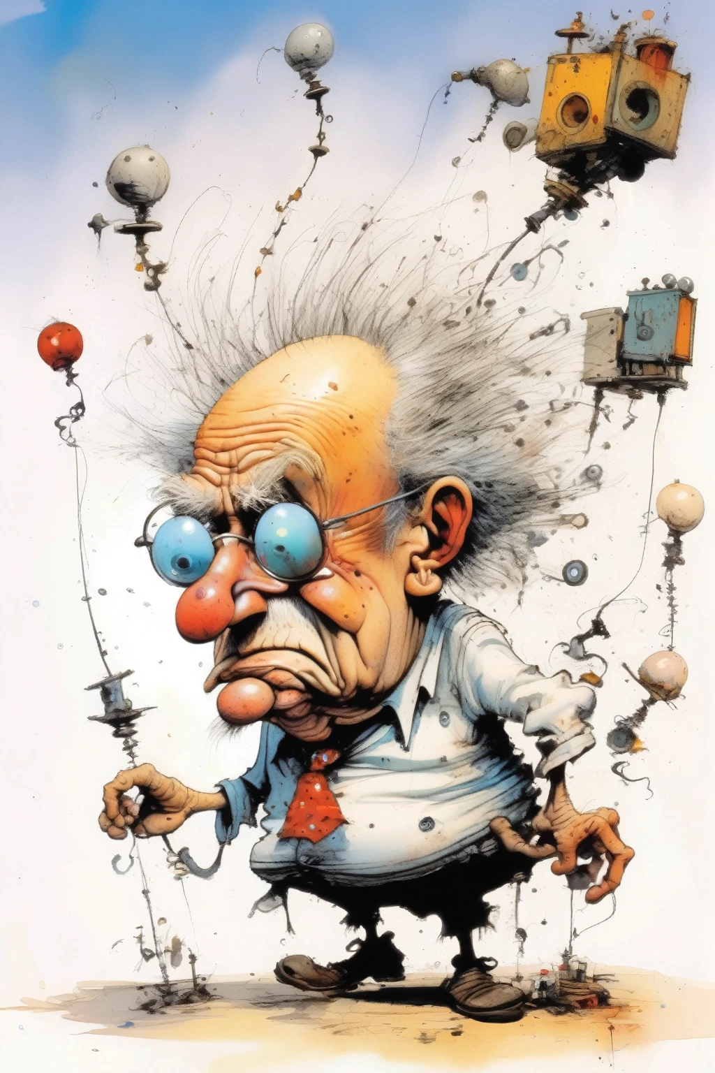 Ralph Steadman Style - an illustration of an old man, in the style of ralph steadman, fantastical contraptions, skottie young, john wilhelm, bulbous, cartoonish chaos, emphasizes emotion over realism