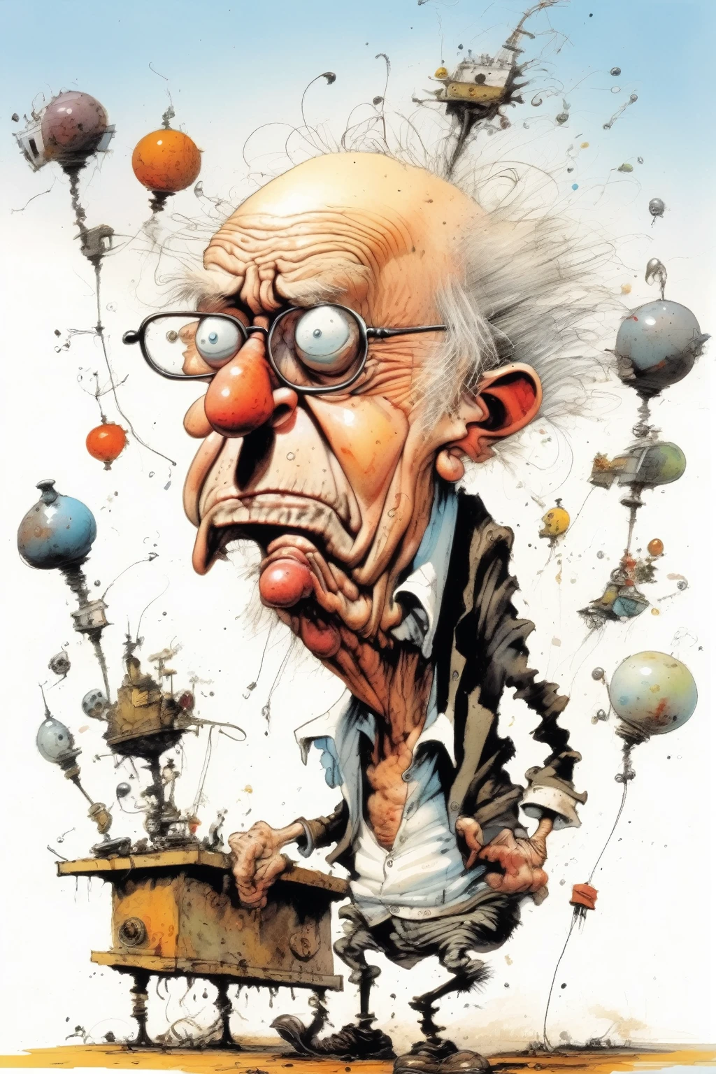 Ralph Steadman Style - an illustration of an old man, in the style of ralph steadman, fantastical contraptions, skottie young, john wilhelm, bulbous, cartoonish chaos, emphasizes emotion over realism