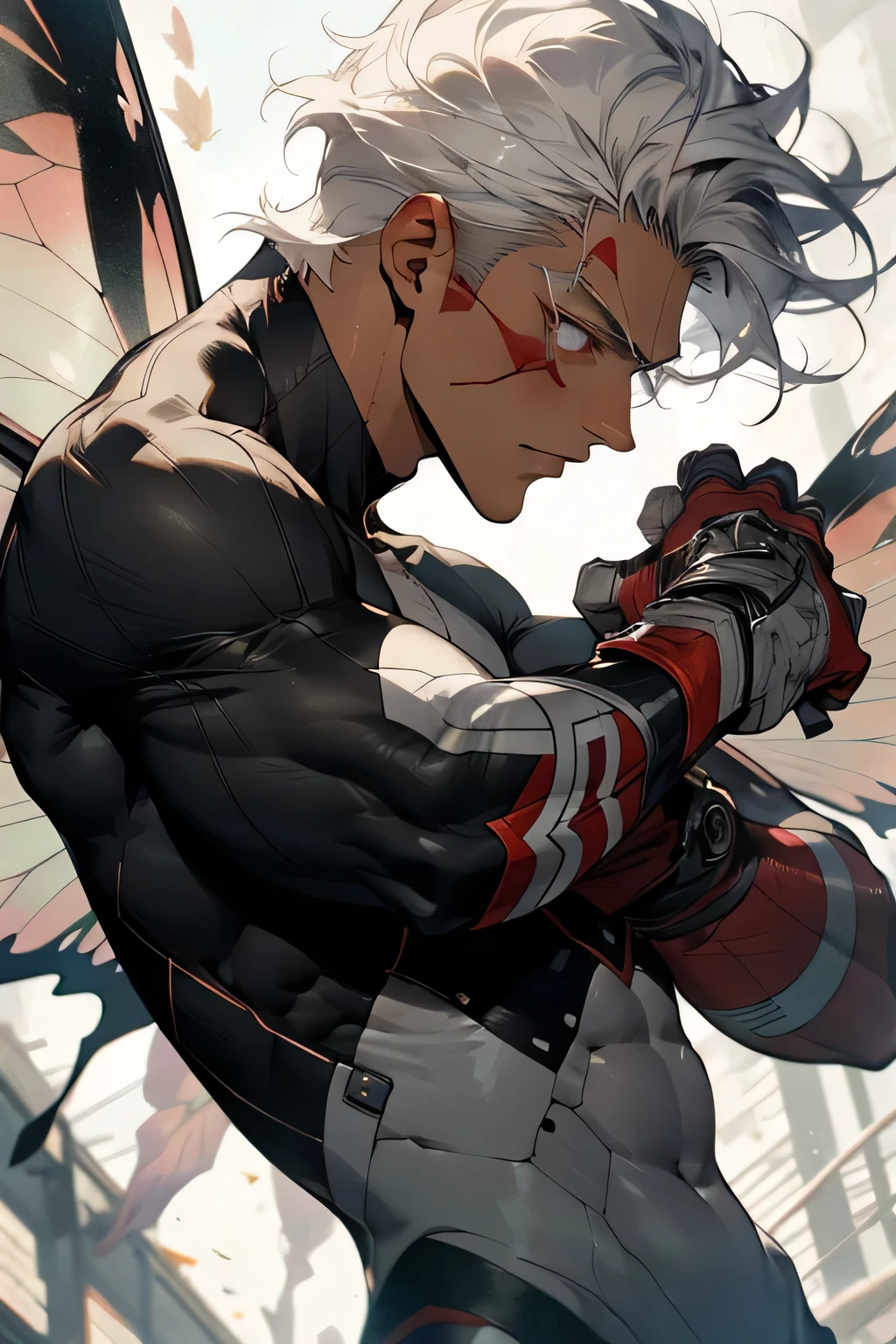 1 teenager, single boy, man, spiky hair, hair like a sailor, white hair, albino, red locks, red lock on one side of the face, tanned skin, leather suit, butterfly wings, wings of fire, muscular body , athletic body, manly, fantasy (artwork) (high quality) (fairy)