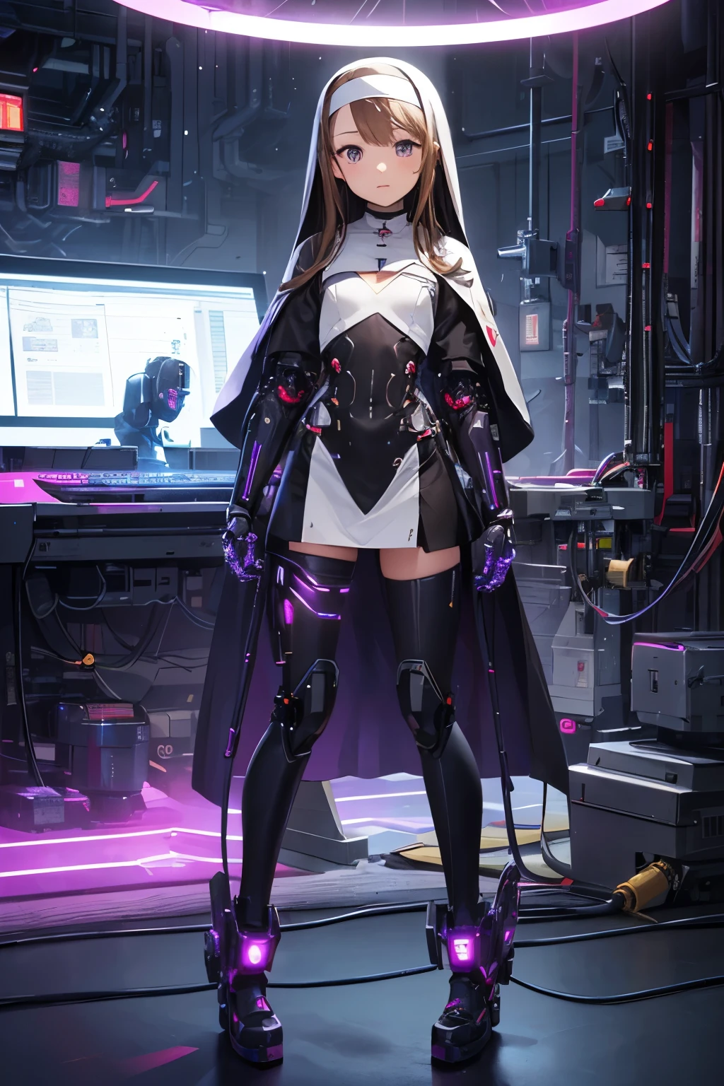 girl ,girl 12 year old , mechanical face , futuristic nun dress ,flat chest ,long brown hair frinje ,(loli body), mechanic-headband, purple leds ,purple light auréola, quality, 8k ,nun uniform , Cyborg arms. Mechanical Limbs Metal, Mechanical legs .Power cablles conected in machine. Circuitos , praying.