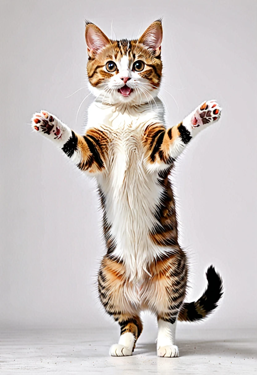Cute Cat,Standing on hind legs,With open arms,Highest quality,masterpiece,live-action,No background,White background