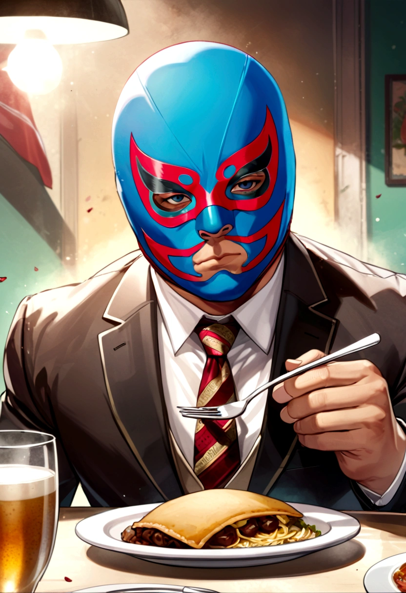 Lucha libre masked man, buff, wearing a suit and enjoys a nice meal. Album cover