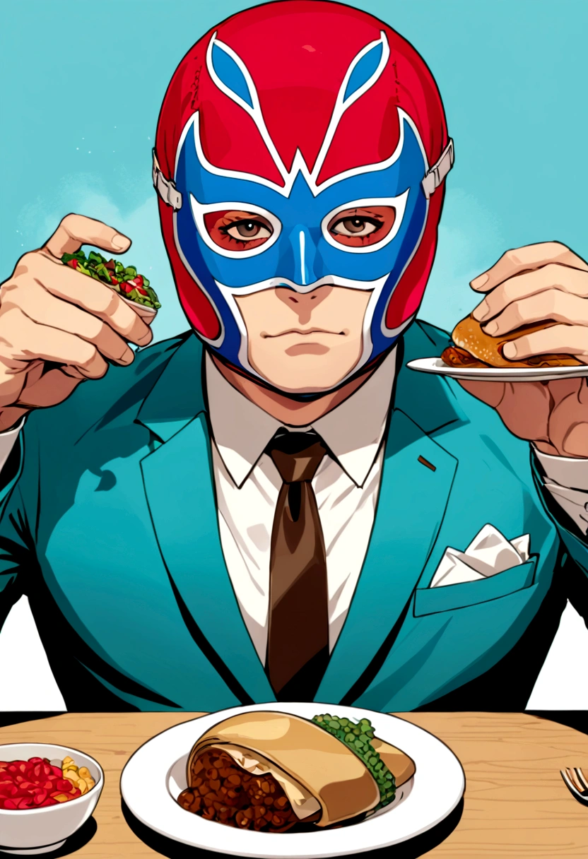 Lucha libre masked man, buff, wearing a suit and enjoys a nice meal. Album cover