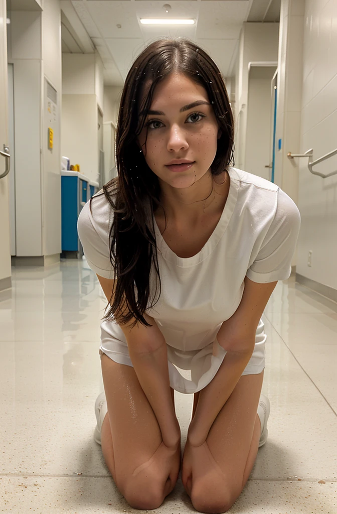 arafed woman kneeling on the floor with a black object in her hand, dressed in a white t shirt, wearing a white hospital gown, stood in a lab, at the hospital in patient gown, wet shirt, clothed in white shirt, 2 4 year old female model, in white clothes, close body shot, wearing a wet white short dress, arafed woman sweeping the floor in a school hallway, high school, sweeping, clean detailed, super clean, miranda meeks, katey truhn, puttin, rachel wall, clean, alana fletcher, crisp and sharp, maintenance, clean line, jenna barton, b - roll, clean composition, nice composition, very clean, majestic sweeping action, perfect detail,
