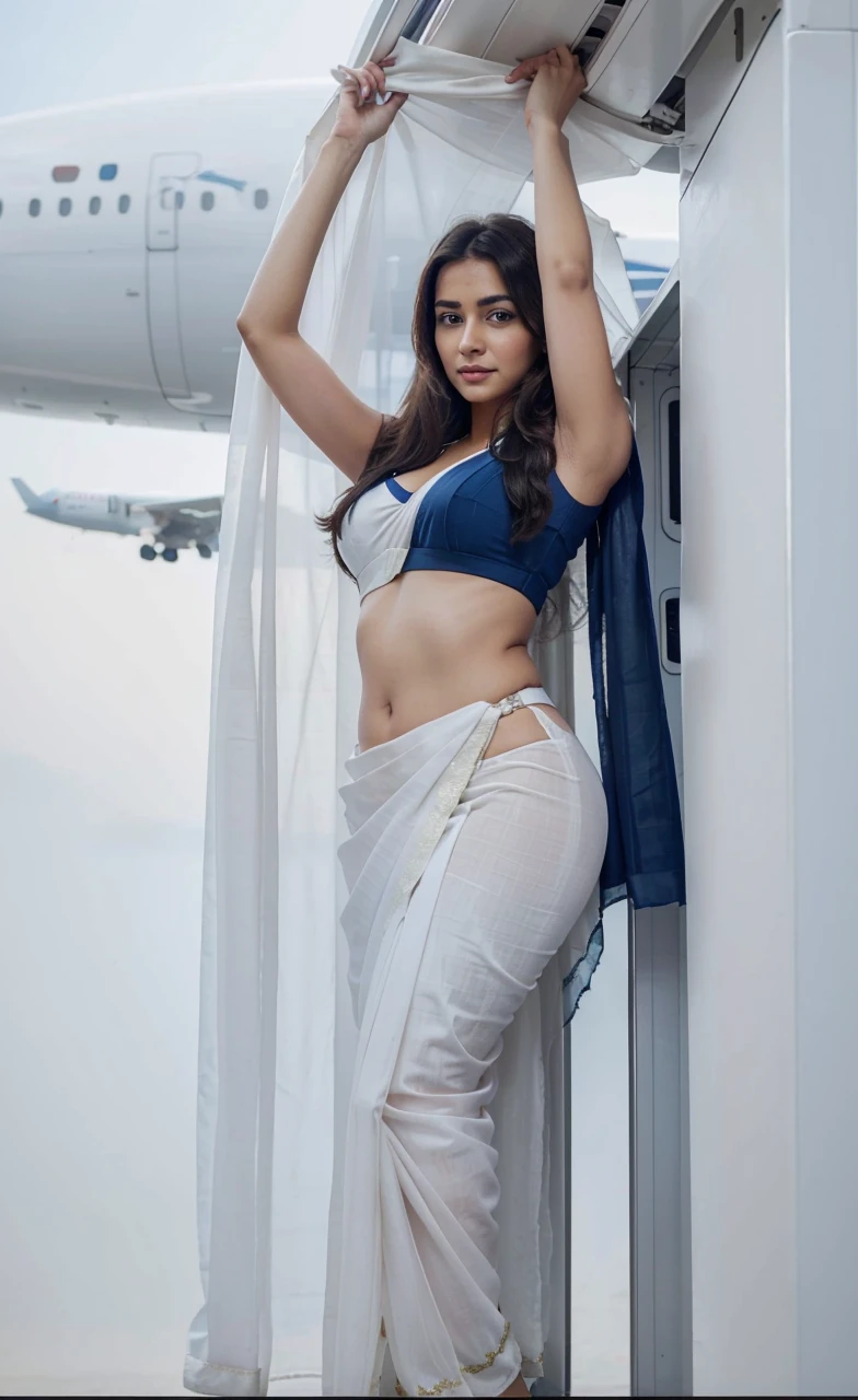 A beautiful gorgeous cute white airhostess wearing an ultra low rise saree as airline uniform and standing inside a plane putting the luggage up in the cabin, her saree is dark blue, the angle shows everything and is far, Ultra realistic, natural, UHD, detailed, accurate, photorealistic, 8K resolution