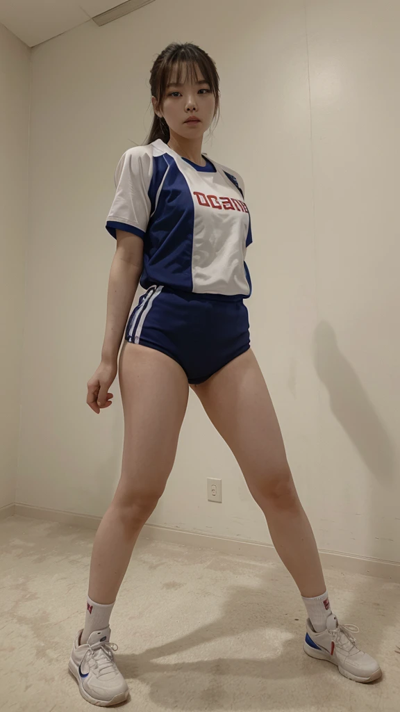 Korean lady in volleyball uniform full body standing 80s style