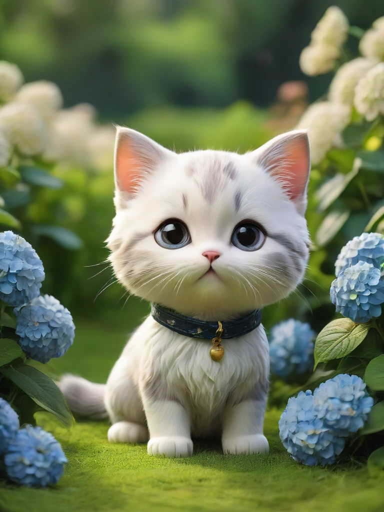 masterpiece,Highest quality,animal,a bit,cute,No humans,kitten,With a hydrangea field in the background