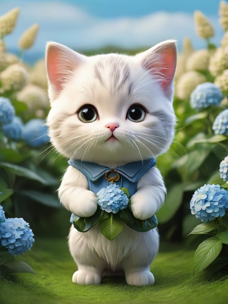 masterpiece,Highest quality,animal,a bit,cute,No humans,kitten,With a hydrangea field in the background