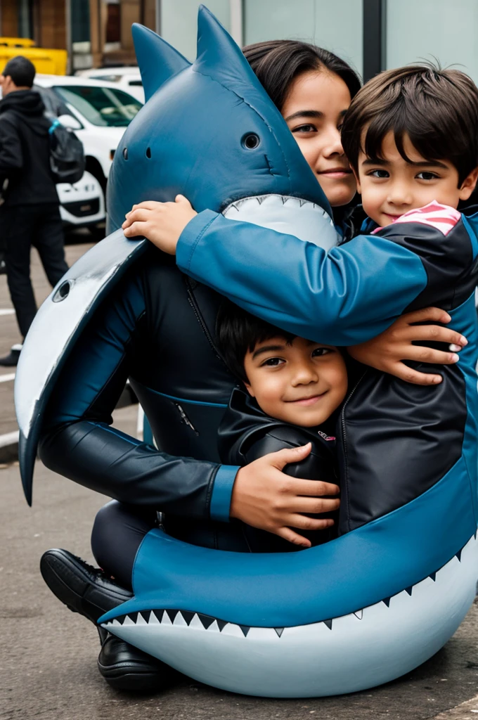 Boy in a shark suit and a girl hugging