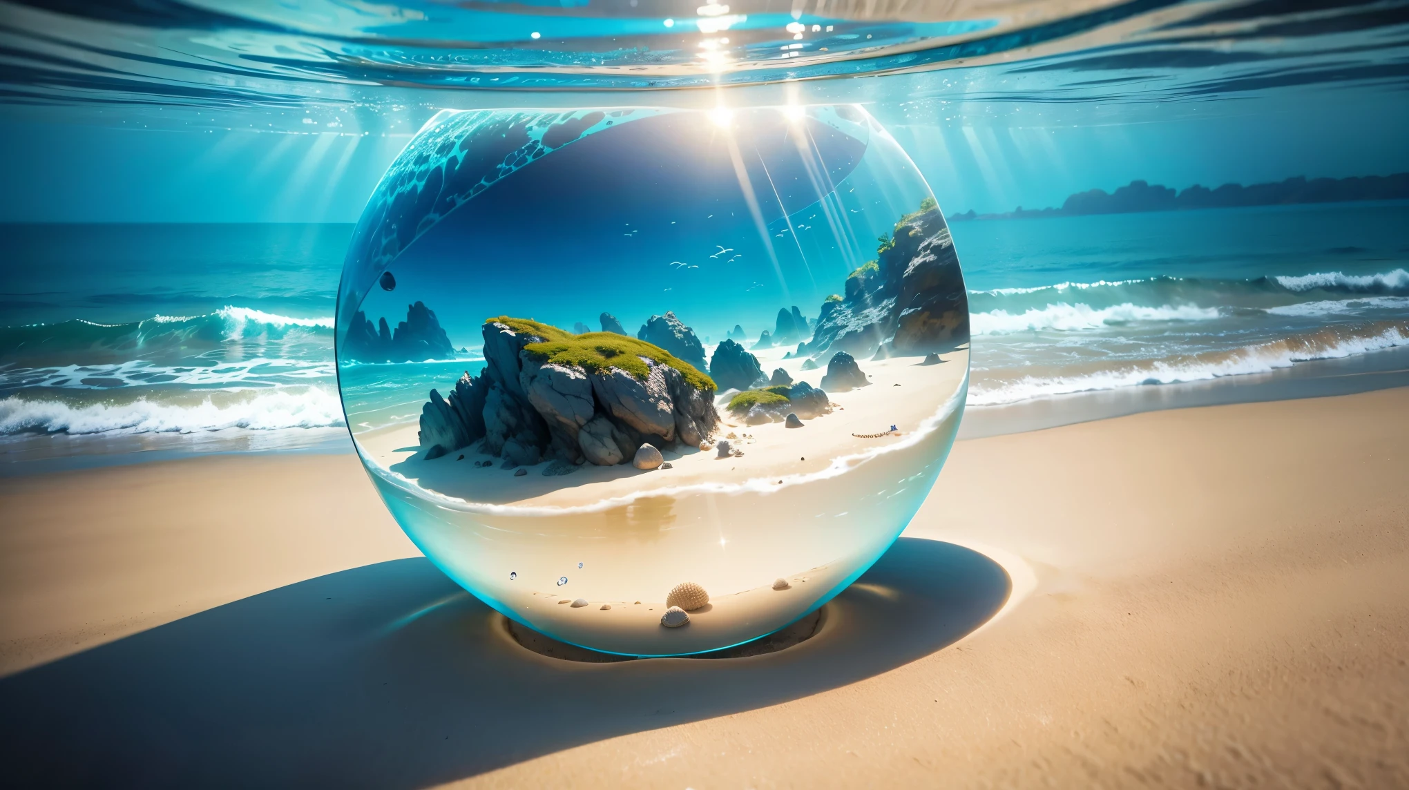 Underwater world,Marine life，Transparent fog，The hemispherical shape looks down from the sky，fanciful，Artistically。beach sand background