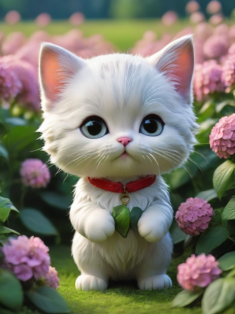 masterpiece,Highest quality,animal,a bit,cute,No humans,kitten,With a hydrangea field in the background