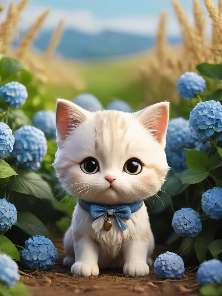 masterpiece,Highest quality,animal,a bit,cute,No humans,kitten,With a hydrangea field in the background