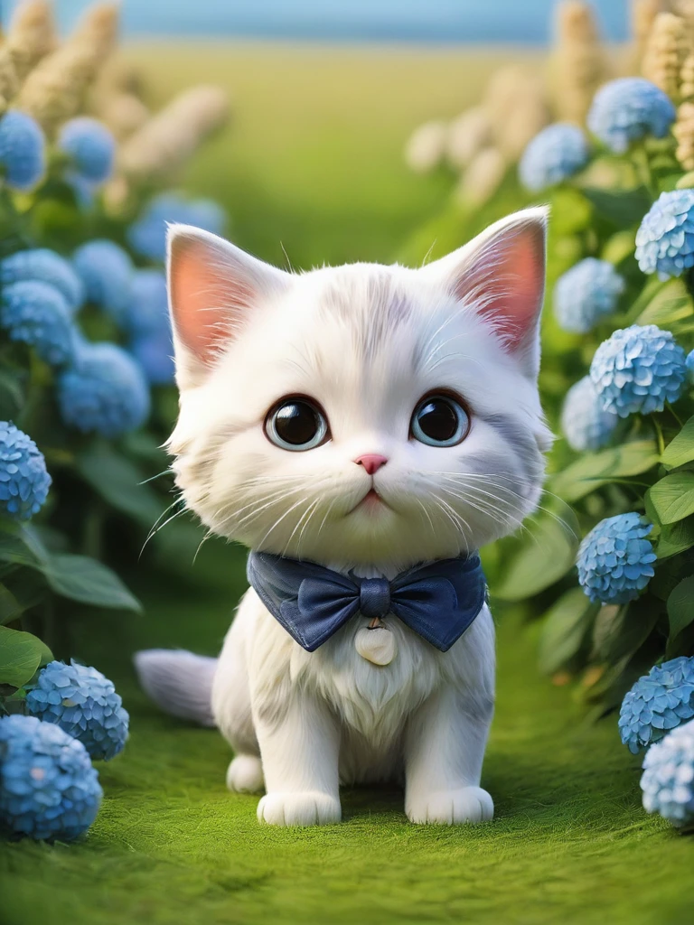masterpiece,Highest quality,animal,a bit,cute,No humans,kitten,With a hydrangea field in the background