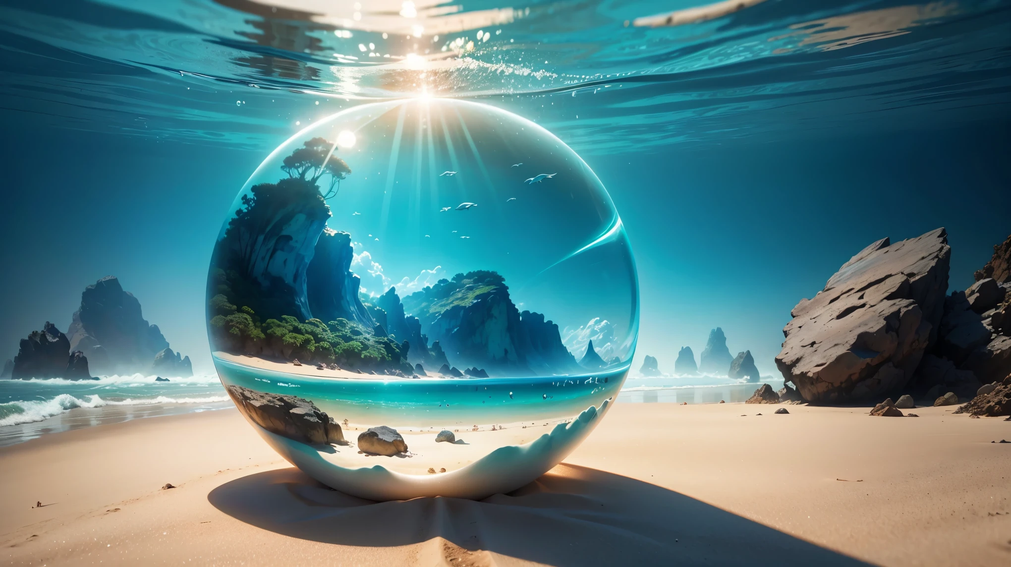 Underwater world,Marine life,Transparent fog,The hemispherical shape looks down from the sky,fanciful,Artistically。beach sand background
