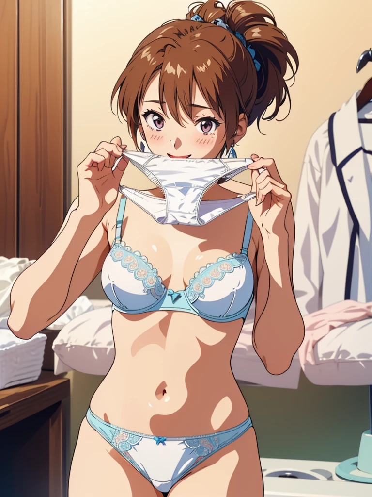 masterpiece, top quality, ultra detailed, ((((AIKA_SUMERAGI, folded ponytail, best anatomy, in underwear, (panties, elaborately designed luxury panties for adults, panties high definition images, draw panties with super precision), lace trimmed bra, extremely detailed texture, earrings, red lip, embarrassed, blush, smile)))), cowboy shot, (((underwear in bed room))), white skin, (presenting panties), (display panties),holding panties with both hands,(panties taken off:1.5), (thousands of panties on bed:1.5), from above