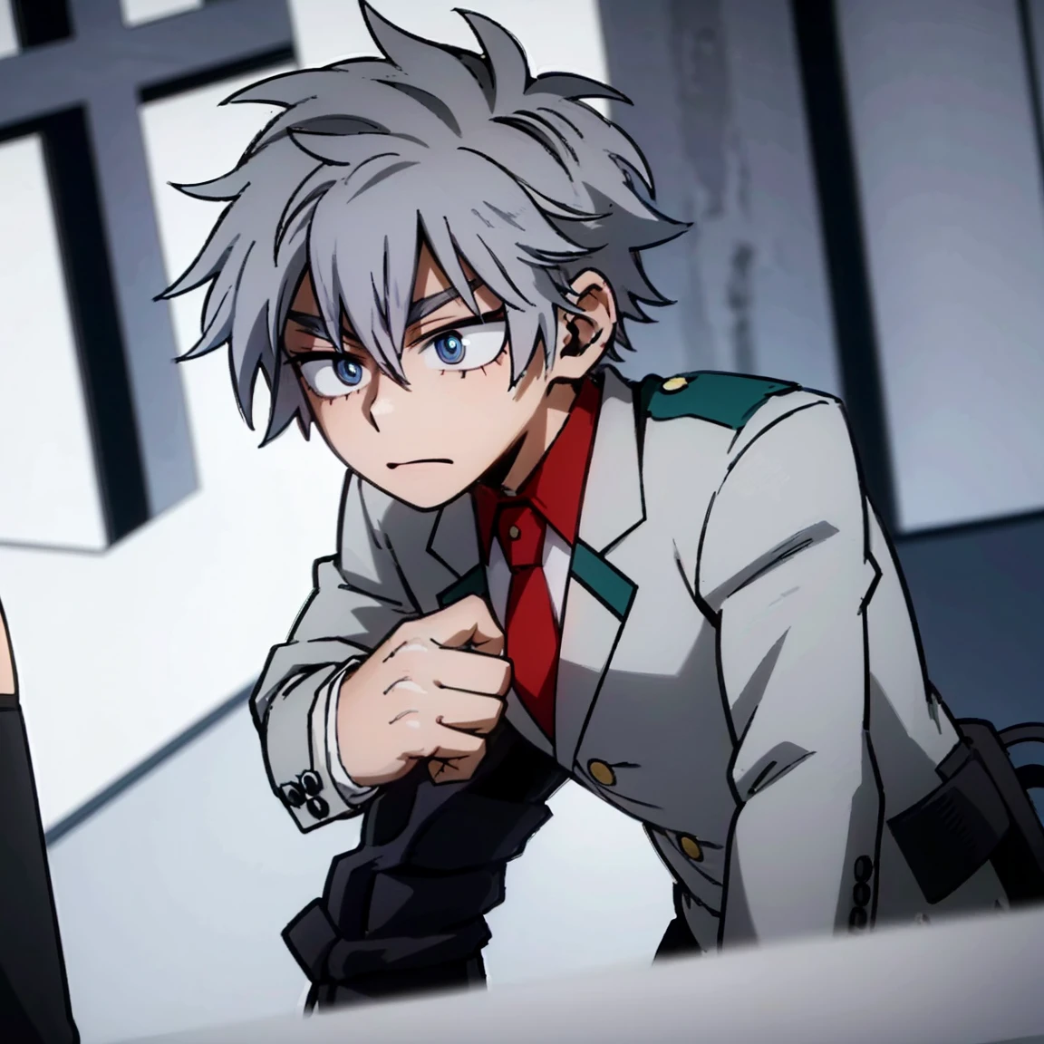 1boy, male focus, boku no hero academia, masterpiece, best quality, very aesthetic, muscular body, gray jacket, red tie, white shirt, teal pants, boots, short spiky hair, grayish violet hair, cyan eyes, night